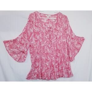 Style & Co. Women's Red White Paisley Pintuck Peasant Top 3/4 Bell Sleeve Size S